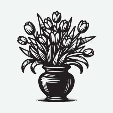 recommend clip art: Tulips on the vase vector silhouette illustration. Flower vase outline vector
