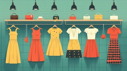 Retro fashion boutique with colorful 60s style outfits, flat design, side view, mod fashion theme