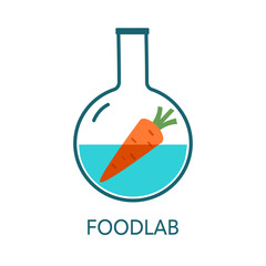 Food lab logo vector. Carrot in round bottom flask in flat design.