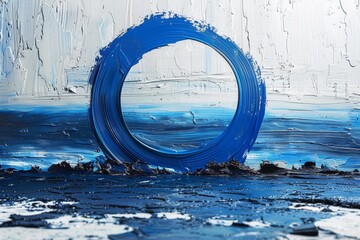 A striking blue circle stands out in an abstract painting with textured strokes of blue and white