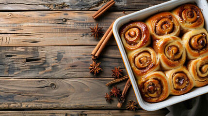 Baking dish with tasty cinnamon rolls on wooden background