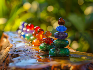 A stack of colorful stones on top of a log.