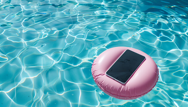 Smartphone on inflatable mattress floating in swimming pool at summer vacation. Mobile phone mockup with blank screen