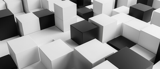 Black cubes of different sizes are strategically placed to form a clean white minimalist arrangement, Sharpen 3d rendering background