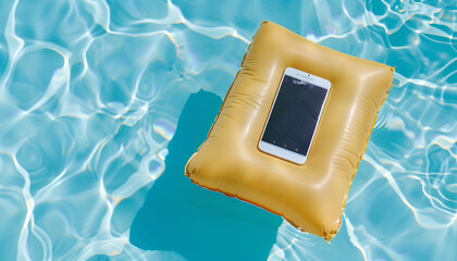 Smartphone on inflatable mattress floating in swimming pool at summer vacation. Mobile phone mockup with blank screen