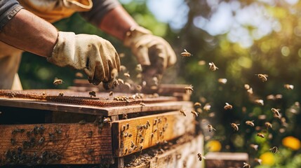 Beekeeper is working with bees in apiary. Beekeeping concept. Rural and natural beekeeper, working to collect honey from hives with honey bees. Beekeeping concept, self-consumption.