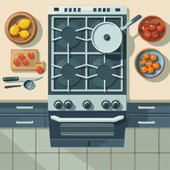 Simple Top-View Flat Illustration of Cooking Stove. Cooking Process with Vegetables on the Stove.