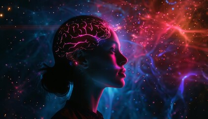 Cinematic artificial intelligence is visualized in a profile of a woman with a glowing brain illustration, sharpen banner template with copy space on center