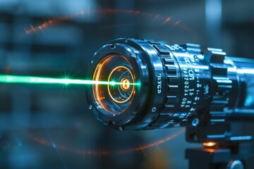 A precision optical instrument with a camera lens and a visible laser beam, showcasing technology and innovation