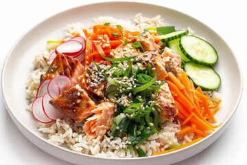 Vibrant 20-Minute Salmon and Rice Bowl with Julienned Carrots and Cucumbers