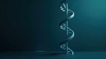 3D render of a double helix DNA structure on a dark blue background, in the style of an abstract scientific illustration. The double helix DNA strand is rendered in a minimalist, almost wireframe styl