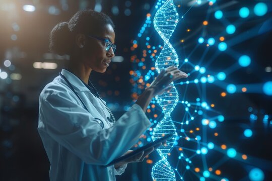 A female scientist in lab coat interacts with a glowing DNA strand hologram in a futuristic setting