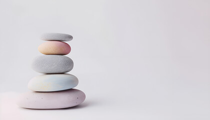 Stack of zen stones pastel colors on white background with empty copy space