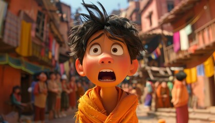 An animated character with its clothes on backwards and inside out, looking bewildered in front of a crowd