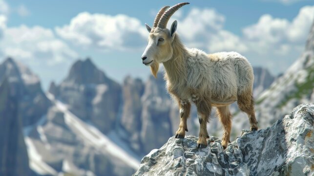 majestic ibex standing on a rock in the mountains with snow-capped peaks in the background