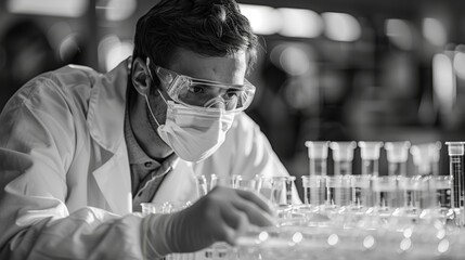 Scientist working in a laboratory. Black and white image with shallow depth of field