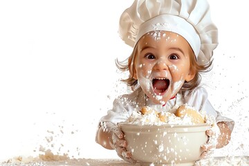 A young child wearing a chef's hat is covered in flour