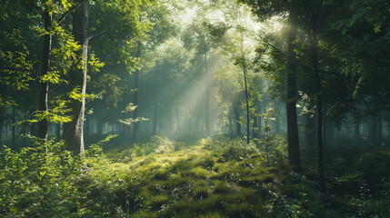 Obraz premium Sunlight filtering through a dense forest, ethereal rays illuminating the morning mist