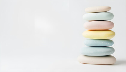 Stack of zen stones pastel colors on white background with empty copy space