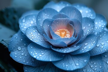 A mesmerizing close-up shot of a blue flower with water droplets delicately resting on the petals, showcasing nature's intricate details