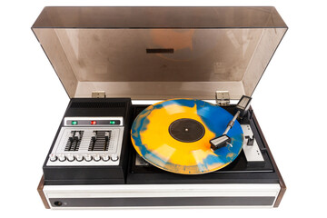 Vintage turntable record player with blue and orange vinyl