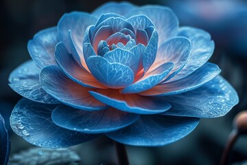 An exquisite photograph of a blue lotus flower, revealing the complex pattern of its petals and the softness of water droplets