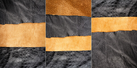 Collection of images with genuine brown and black leather textures background