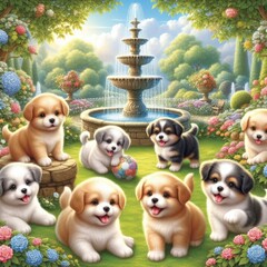 Many puppies in a garden with a fountain art realistic attractive card design illustrator.