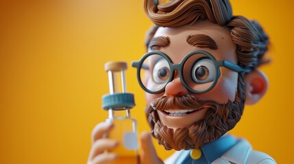 Sculpture of the scientist with a test tube on a yellow background