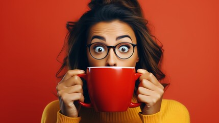 A woman is holding a red coffee mug and has her mouth open