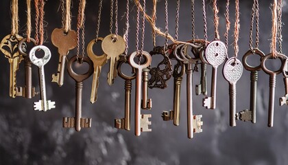 a selection of many vintage keys hanging on chains on a dark grunge background - Powered by Adobe