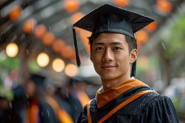 A young graduate in a black cap and gown smiles amidst rain, symbolizing achievement and hope