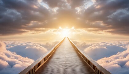 concept of a path winding through the clouds ending at a brilliant light in the distance it symbolizes heaven afterlife a near death experience or simply the path to a goal and bright future