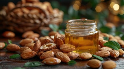 a jar of almond oil sitting on top of a table next to a pile of almond nuts with green leaves and a wicker basket in the background