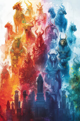 Fototapeta premium Behold the mesmerizing array of colorful dragon heads in this stunning painting. Artistic Wonder