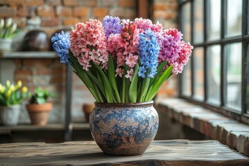 A beautiful arrangement of multi-colored hyacinths in a vintage-looking clay pot set against a brick wall backdrop