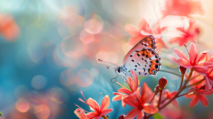 Beautiful butterfly and flower on color background