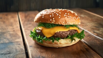 gourmet beef burger with cheddar cheese fresh greens and sesame brioche bun on rustic wooden background