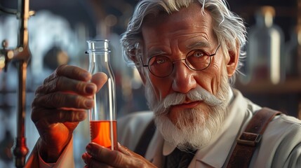 Portrait of an old man with a long white beard and glasses. Holding a test tube with red liquid.