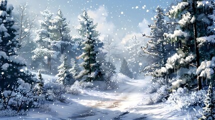 Enchanting Winter Wonderland Snowy Forest Path Leads to Serene Mountain Landscape