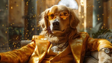 Golden Retriever Luxuriating on GoldPlated Supercar as Money Rains Down Reflecting Extreme Wealth and Prestige