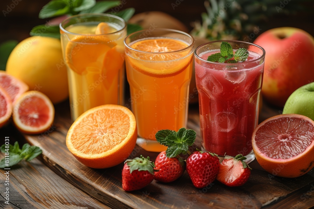 Poster an appealing setup showing glasses of orange and red juice with strawberries and citrus fruits on a 
