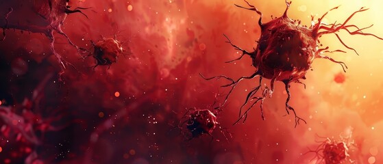Illustrating the invasion and aggregation of cancerous cells, this detailed view provides insights into medical challenges, sharpen banner template with copy space on center