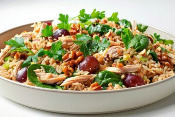 Elegant Bowl of Chicken, Rice, and Grape Salad with Toasted Walnuts