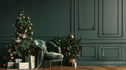 Beautiful Christmas tree with comfortable armchair and