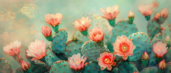 Amidst spiny greenery, Cactus Blossoms wallpaper showcases delicate blooms, their vibrant hues embodying resilience and unexpected beauty.