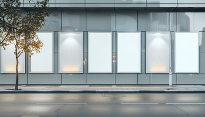 Fototapeta premium Row of empty billboards on the facade of a modern building, mockup concept, set on a city street backdrop