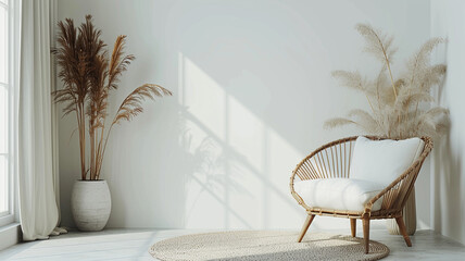 interior with wicker chair and plant. 3d render illustration
