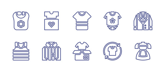 Clothing line icon set. Editable stroke. Vector illustration. Containing clothes, tshirt, baby clothes, baby bib, blazer, sailor, dress.