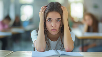 Young woman sits at a classroom desk, looking stressed and overwhelmed with an open book in front of her.
